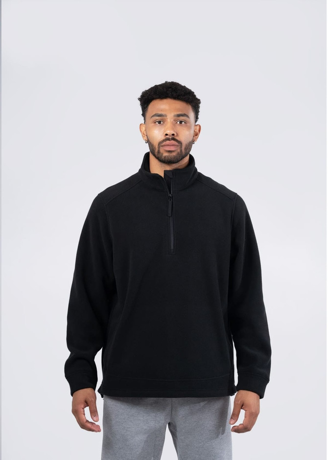 A men's/unisex polar fleece half zip top in olive green, featuring side pockets and a logo.