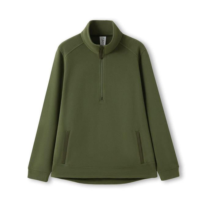 A men's/unisex polar fleece half zip top in olive green, featuring side pockets and a logo.