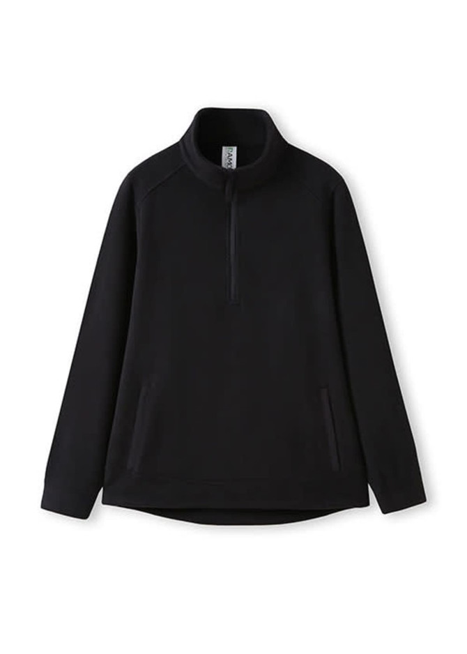 A black polar fleece half zip top with long sleeves and side pockets, featuring a branding logo.