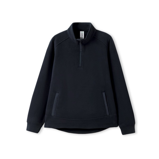 A dark navy women's polar fleece half zip top featuring a collar and side pockets. It has a small logo.