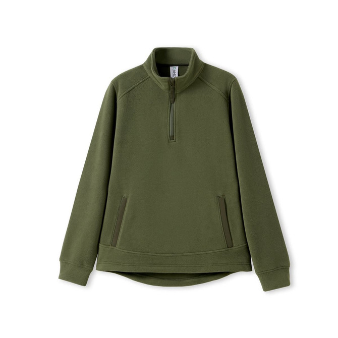 A green women's polar fleece half zip top with long sleeves and a zippered neck, featuring pockets and a logo.