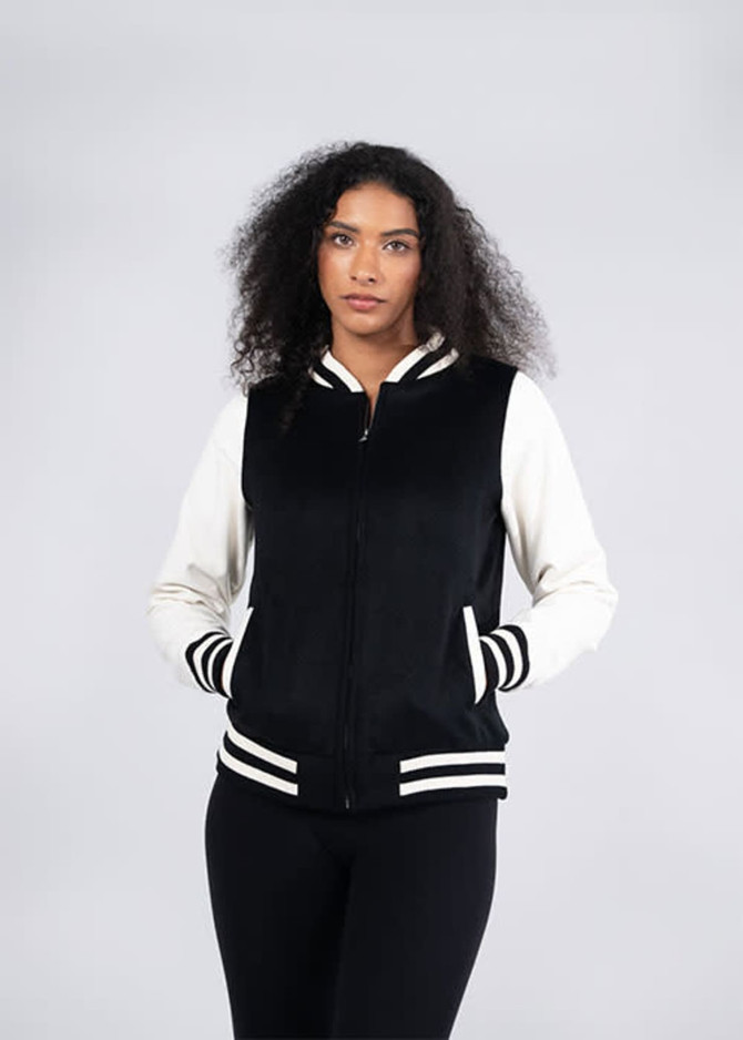 A black and cream varsity jacket with a zip front, striped cuffs, and side pockets. It features a branding logo.