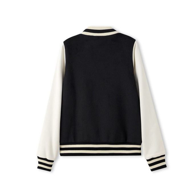 A black and cream varsity jacket with a wool blend soft shell, featuring a striped ribbed collar and cuffs.