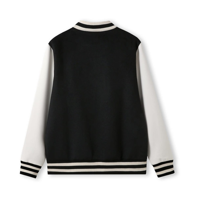 A black and white men's/unisex wool blend soft shell varsity jacket featuring a striped ribbed collar and cuffs.