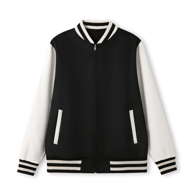 A men's/unisex varsity jacket in black with white sleeves and striped cuffs. Features side pockets and a zip closure.