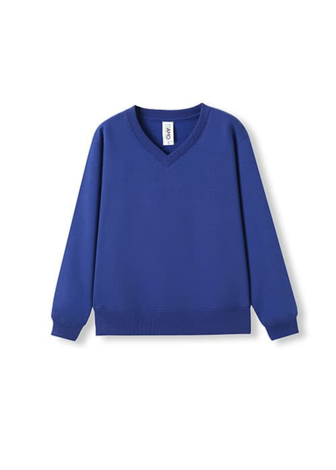 A blue kids' v-neck fleece jumper with long sleeves and a ribbed hem, featuring a small logo.