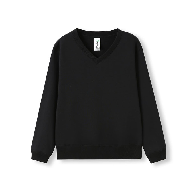 A black kids' v-neck fleece jumper with a relaxed fit and long sleeves. It features a ribbed hem and cuffs.