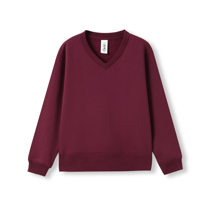 A burgundy kids v-neck fleece jumper with long sleeves and a ribbed hem. It features a logo on the label.