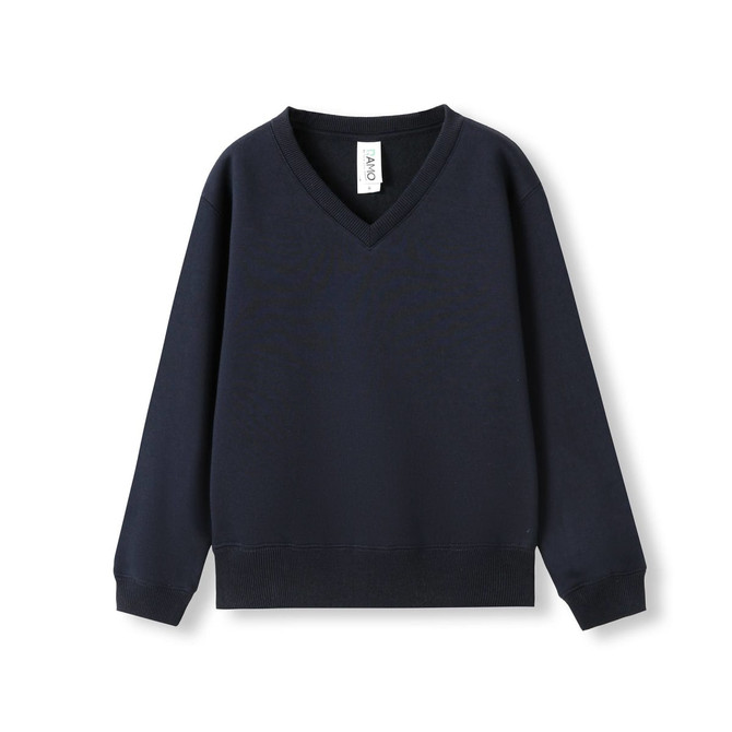 A navy kids' v-neck fleece jumper with long sleeves and a ribbed hem. It features a logo.