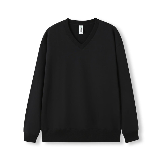 A black unisex V-neck fleece jumper with long sleeves and ribbed cuffs, featuring a branding tag.