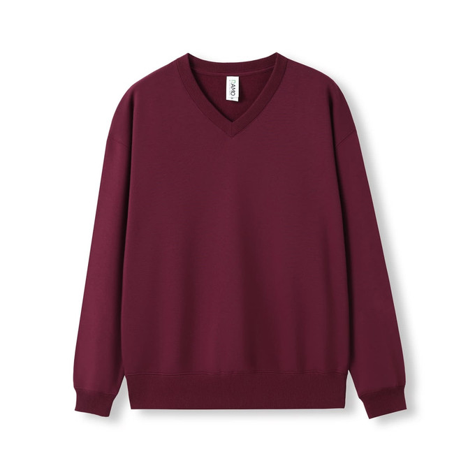A burgundy men's/unisex V-neck fleece jumper featuring long sleeves and a ribbed hem. It has a branding label.