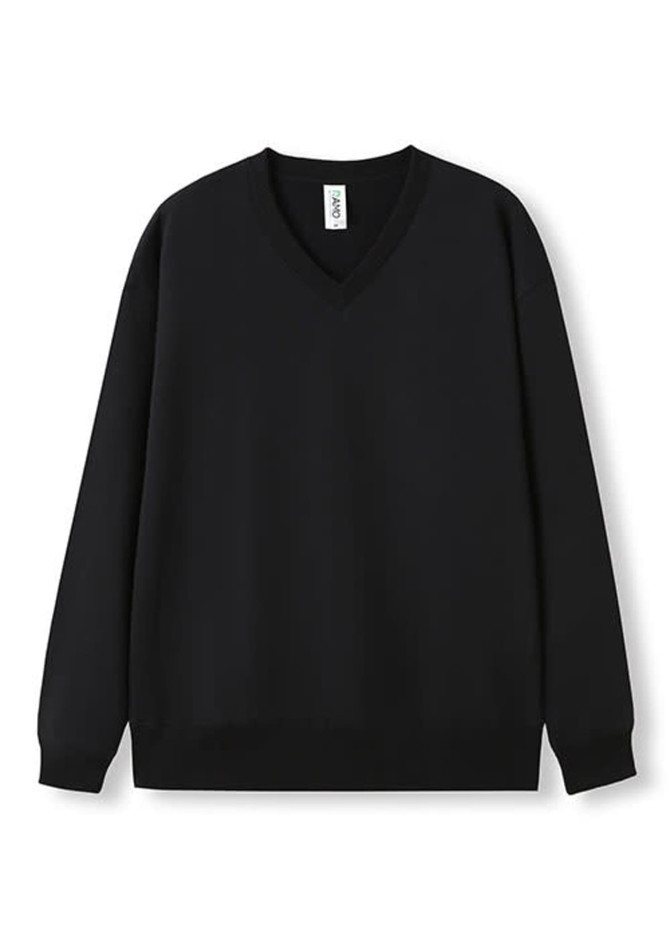 A black unisex V-neck fleece jumper with a relaxed fit and long sleeves, featuring a brand label.