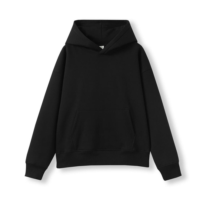 A black kid's oversize hoodie featuring a front pocket and a drawstring hood. It has a logo on it.