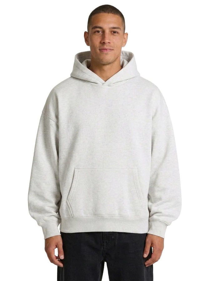 Light grey oversized hoodie with a front pocket and a hood, featuring a logo on the chest.