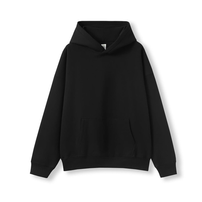 A black oversize hoodie with a hood and front pocket, featuring a logo on the tag.