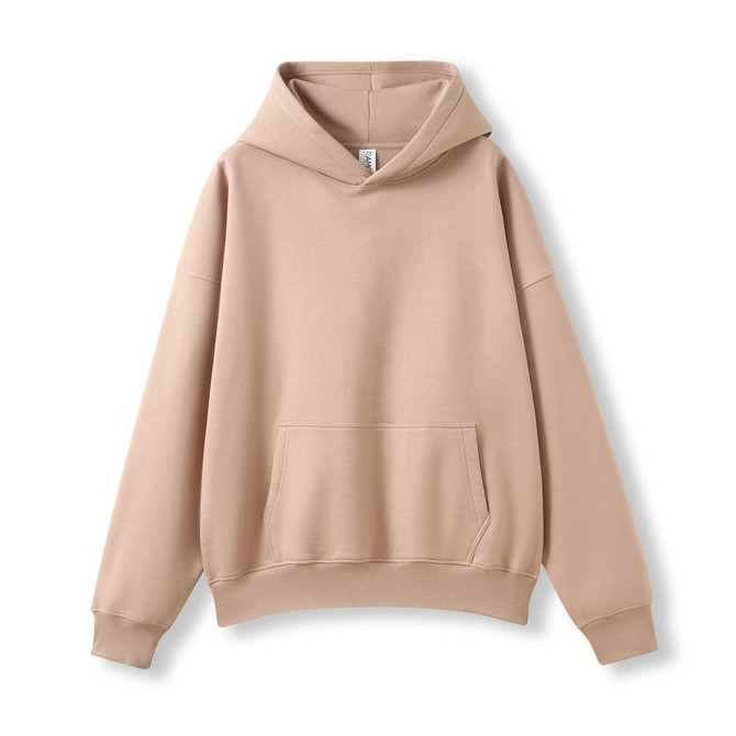A beige adult's oversized hoodie with a front pocket and an attached hood, featuring a logo.