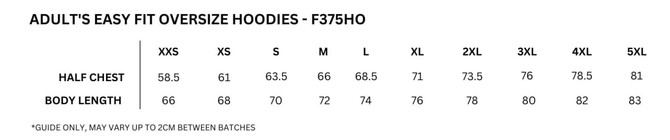 A size guide for Adult's Easy Fit Oversize Hoodies, listing measurements for various sizes from XXS to 5XL.