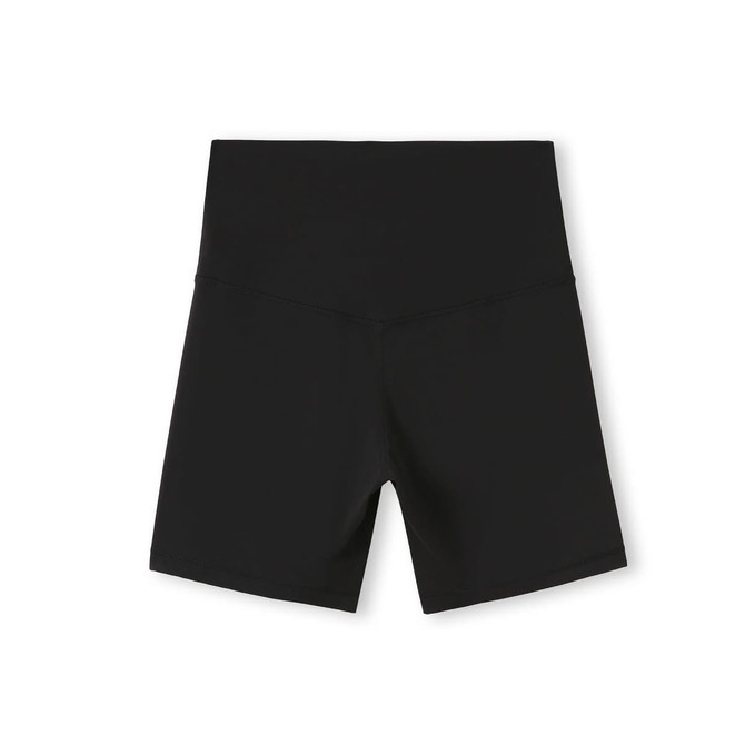 Black high rise legging shorts with a smooth waistband and a simple design. Features a logo on the waistband.