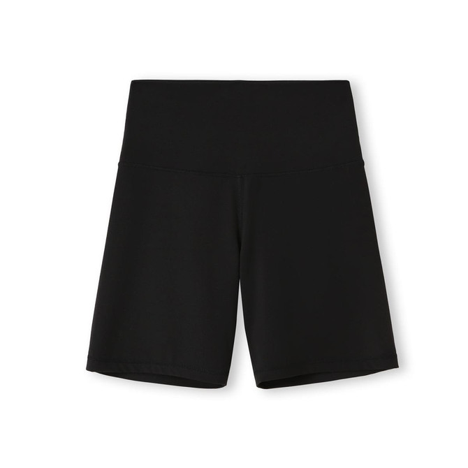 A pair of women's high-rise legging shorts in black with a wide waistband and no visible branding.