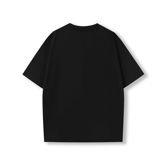 A black unisex oversize easy-fit T-shirt with a simple design and wide sleeves. The back view is displayed.