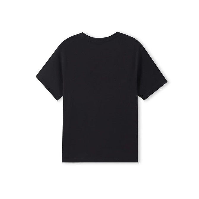 A black organic kids' t-shirt featuring a classic short-sleeve design. There is a logo on the garment.