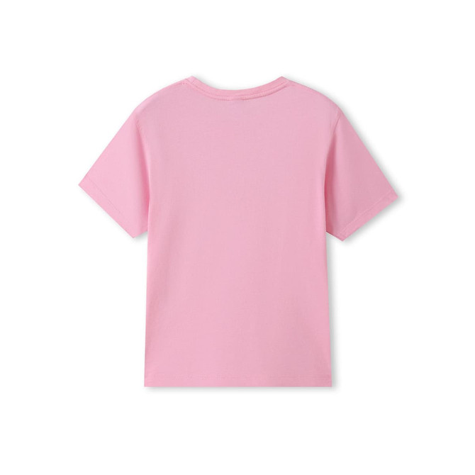 A pink organic T-shirt with short sleeves, featuring a plain back and a simple design.