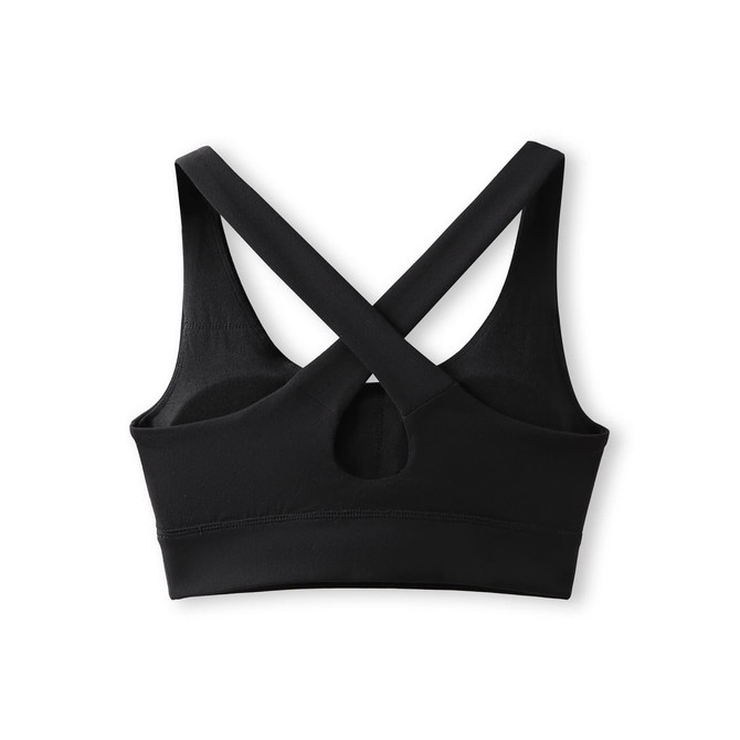 A black women's self-bra with a cross-back design and a circular cut-out detail. Features a logo.