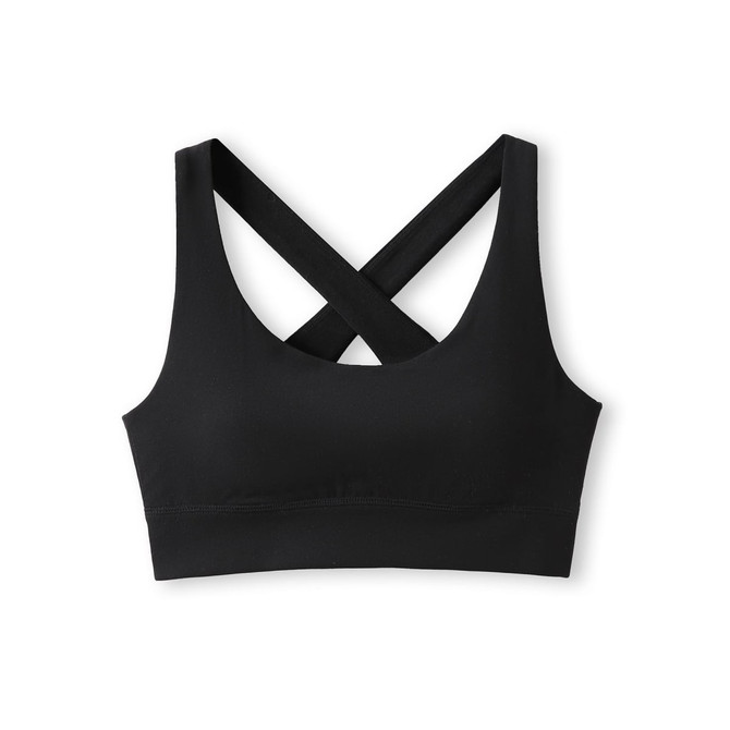 A black women's self-bra top with a 4-way stretch and crisscross straps at the back. It features a logo.