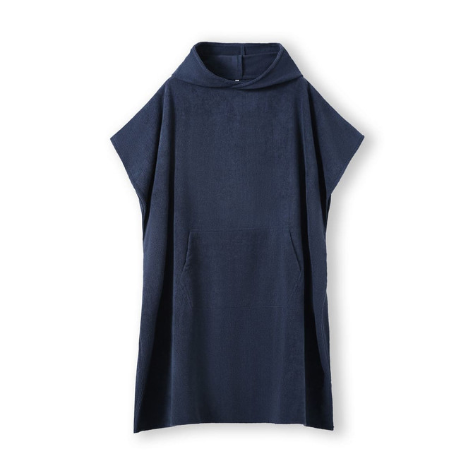 A navy hooded towel made of 380gsm polyester/nylon with a kangaroo pocket and branding.