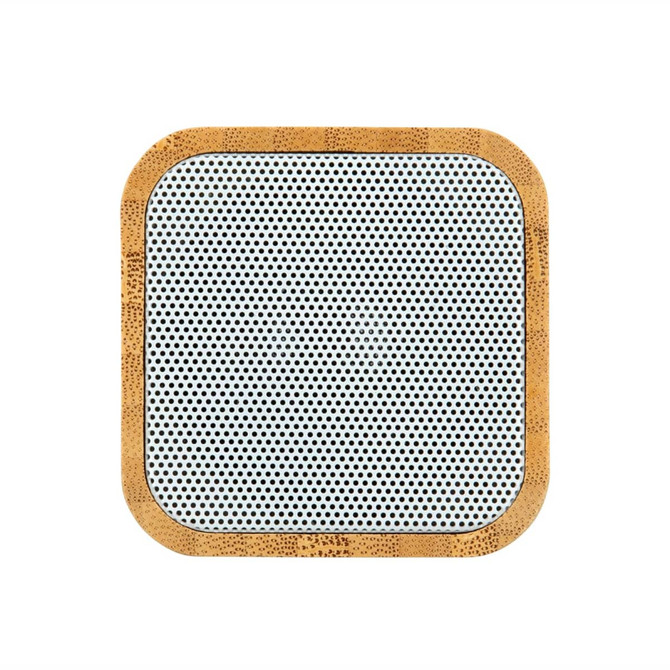 A square Bluetooth speaker featuring a bamboo frame and a perforated metal grill.