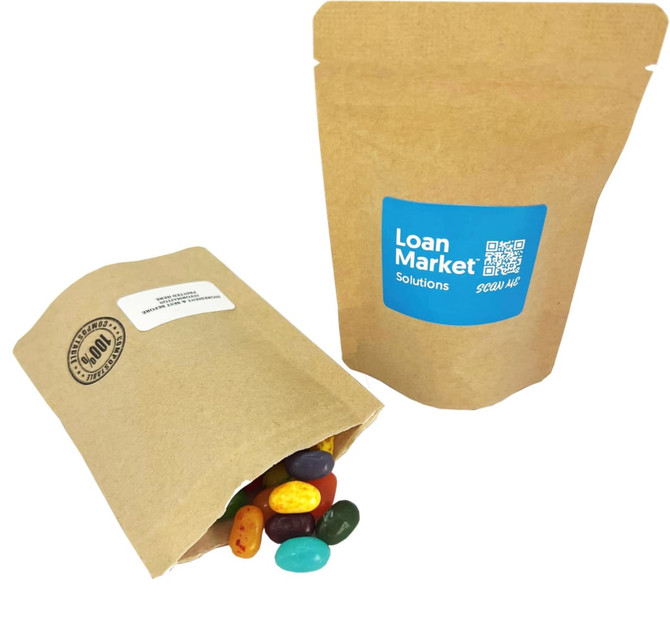 A compostable bag contains assorted JELLY BELLY jelly beans in various colours, displayed alongside a branded packaging.