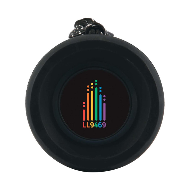 A Neon Bluetooth Speaker featuring a colorful soundwave graphic on a sleek black body.