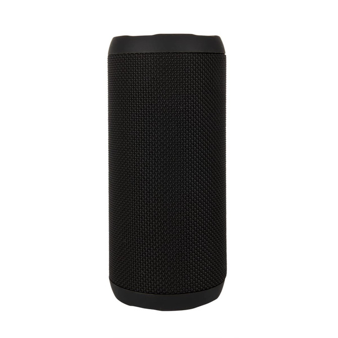 A cylindrical black Bluetooth speaker with a textured surface and rounded edges.