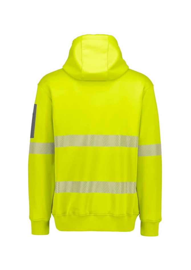 A vibrant yellow, unisex water-resistant hoodie featuring reflective segmented tape and a hood. Includes a logo.