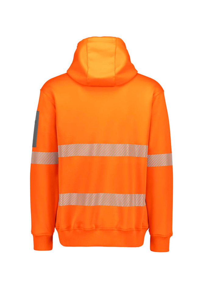 A water-resistant unisex hoodie in bright orange, featuring segmented reflective tape and a hood. It has a logo on one sleeve.