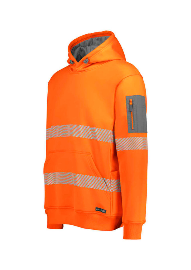 A bright orange unisex hoodie with reflective segmented tape and a grey zipped pocket on the arm.