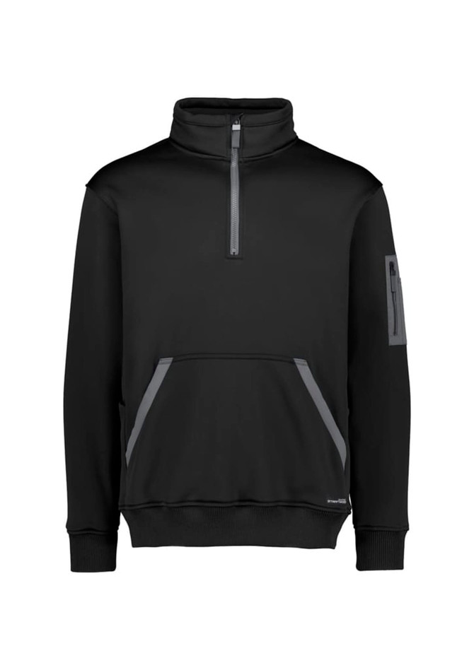 A black unisex pullover with a 1/4 zip, featuring side pockets and a logo on the sleeve.
