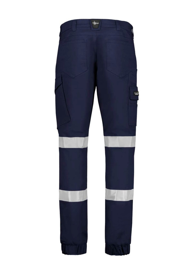 Navy cargo pants with cuffed ankles, featuring reflective stripes and multiple pockets, and a logo on the waistband.