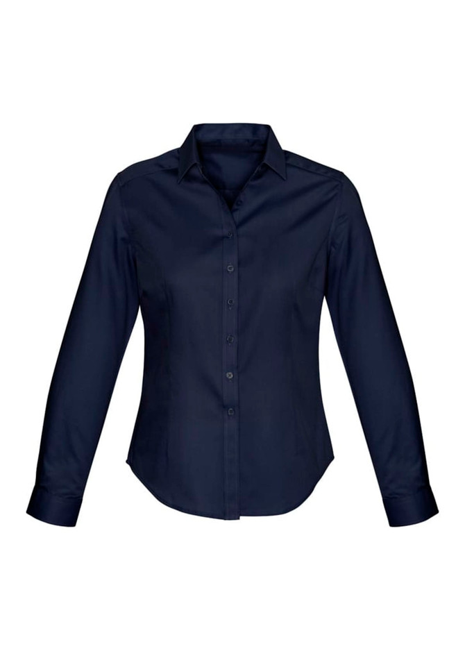 A ladies' long sleeve shirt in navy blue with a button-up front and a collar, featuring a logo.