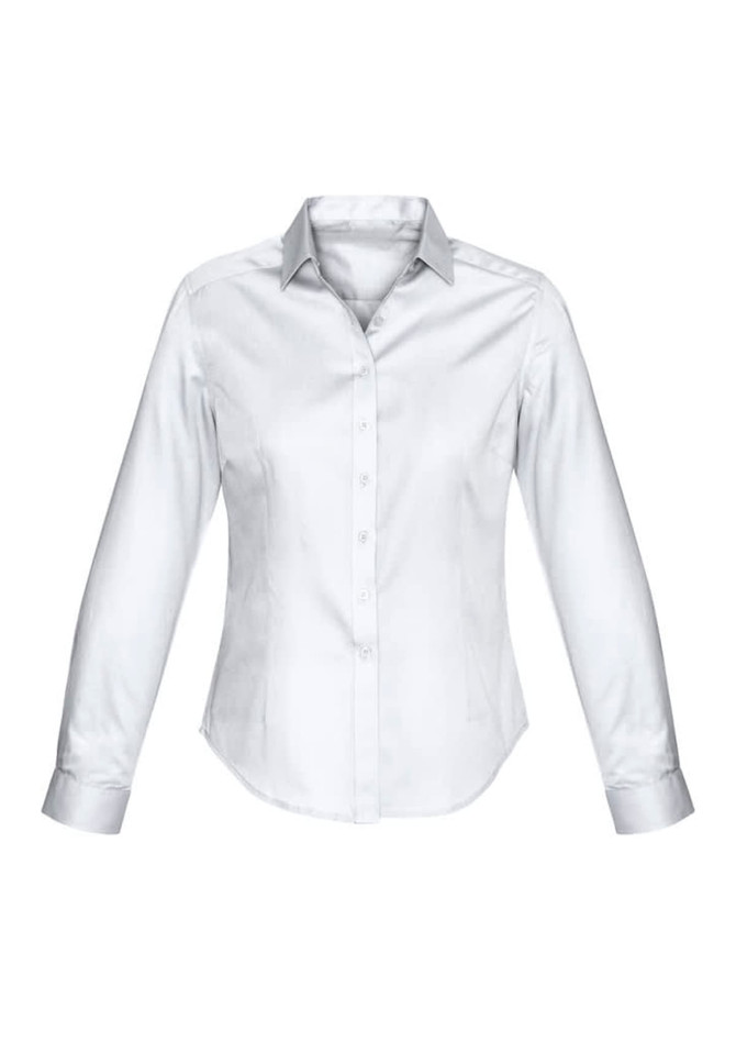 A long sleeve ladies shirt in white with a grey collar, featuring a logo on the chest.