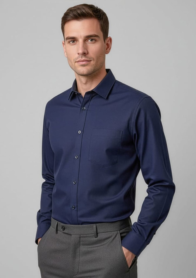 A men's long sleeve button-up shirt in navy blue, featuring a smooth fabric and a logo.