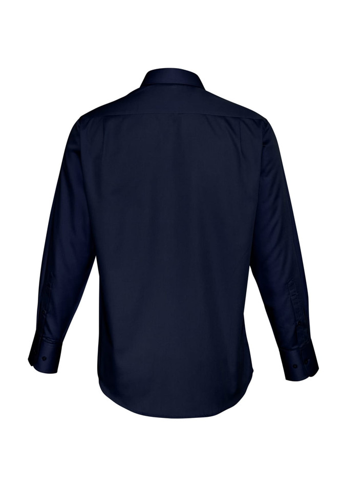 A navy blue long sleeve button-up shirt featuring a back view design, complete with a collar and buttons.