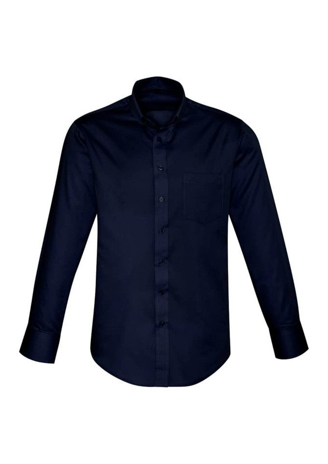 A navy long sleeve shirt featuring a button-down collar and a chest pocket. The shirt has a subtle logo.