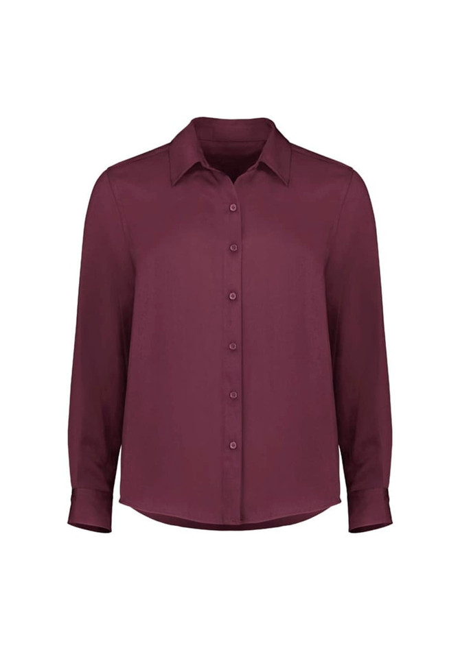 A button-up shirt in deep burgundy with long sleeves and a collar, featuring front buttons and a subtle logo.
