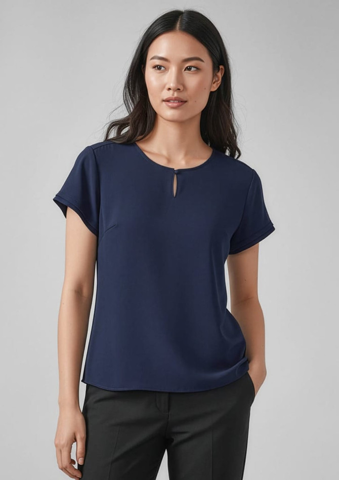 A navy blue women's short sleeve blouse with a keyhole neckline, featuring a relaxed fit and cuffed sleeves.