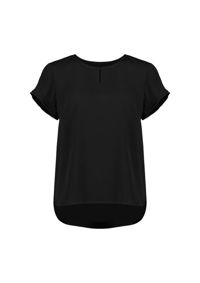 A black short sleeve blouse with a round neckline and rolled sleeves, featuring a slight drop hem and a logo.