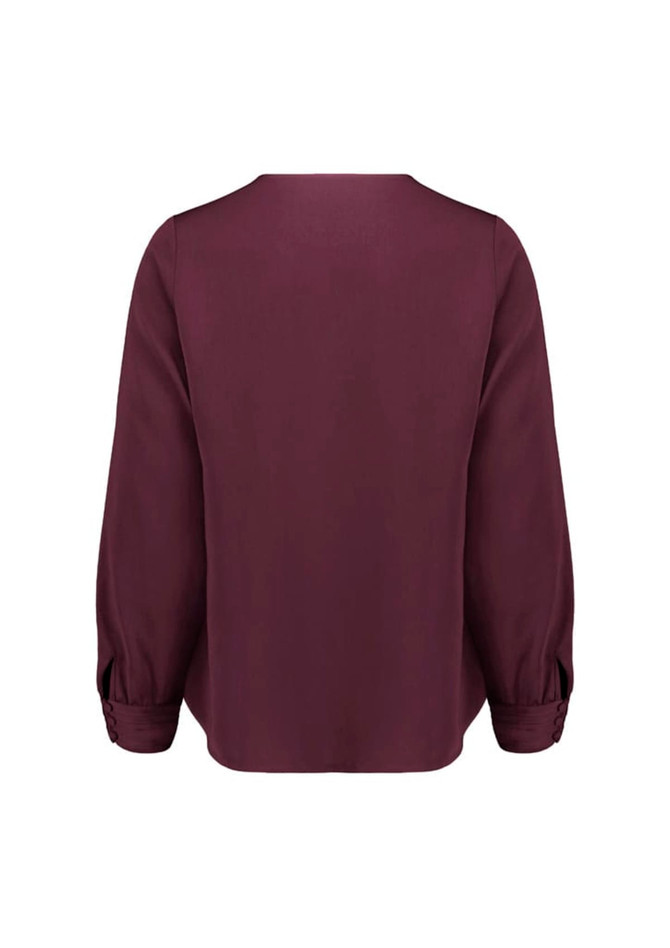 A long-sleeve blouse in a deep burgundy colour, featuring a simple back design with gathered sleeves.
