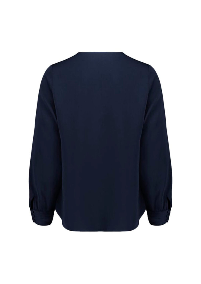A navy blue women's long sleeve blouse featuring a simple back design and gathered sleeve detail.