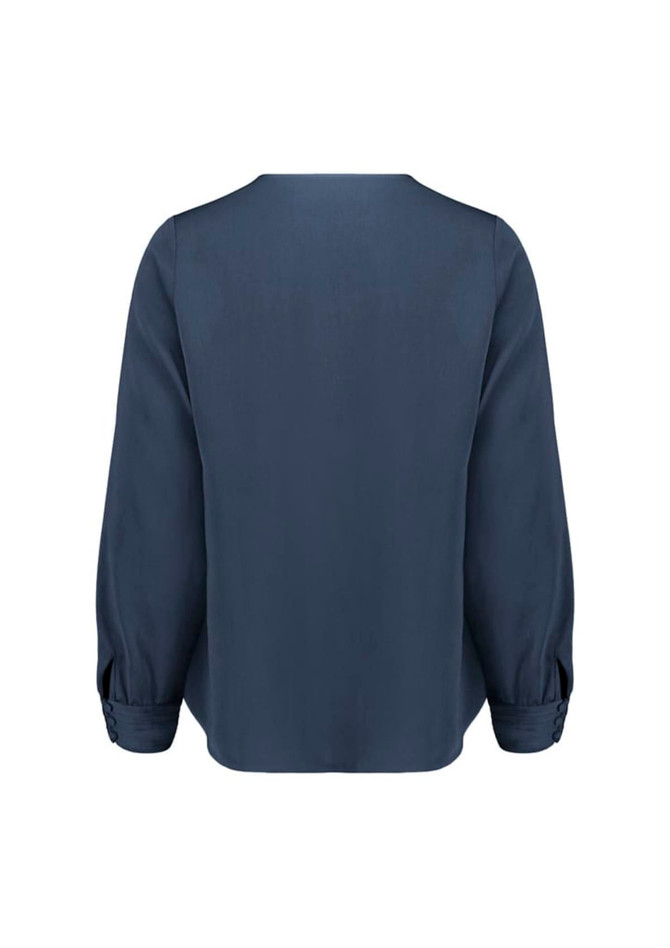 A navy long sleeve blouse with a smooth fabric and button details on the sleeves, featuring a simple back design.