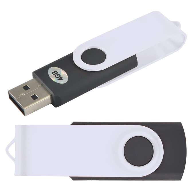 A swivel USB flash drive in black and white, featuring a logo and a retractable design for easy storage.